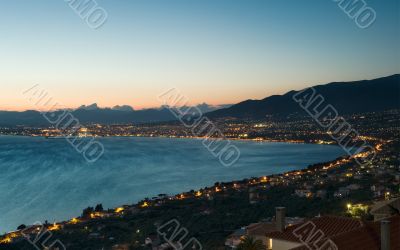 The city of Kalamata, Greece, at dusk