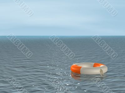 3d bright lifebuoy ring, floating on waves