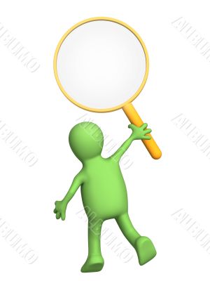 3d puppet, holding the big magnifier