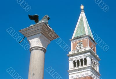 Saint Mark`s bell tower and Saint Mark`s Lion