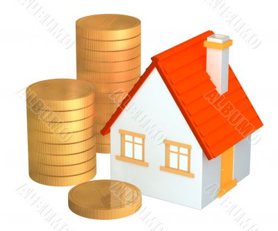 Conceptual 3d house and columns of gold coins Conceptual 3d house and columns of gold coins