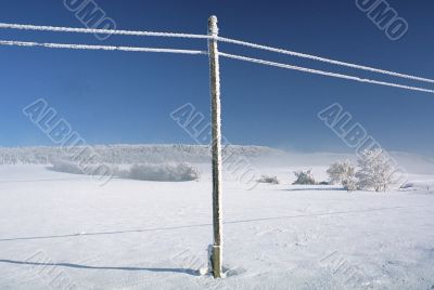 Winter lanscape with snowy telephone lines
