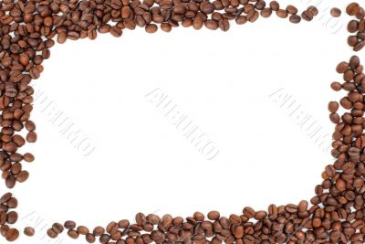 frame of red brown coffee beans on white