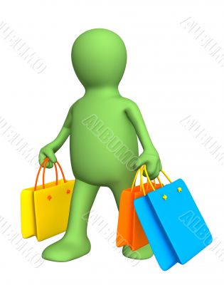 3d puppet, carrying packages with purchases