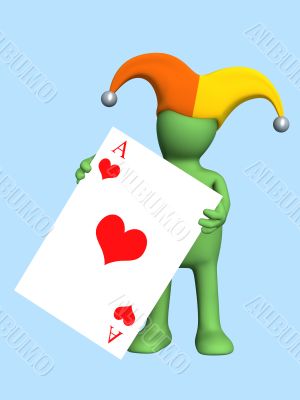 3d joker - puppet, holding in a hand of a red ace