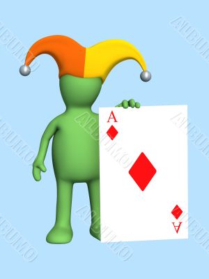 3d joker - puppet, holding in a hand of a red ace