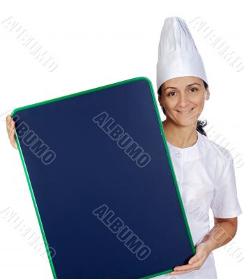 happy attractive cook woman whit slate