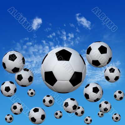 Soccer footballs set in High Cloud Sky