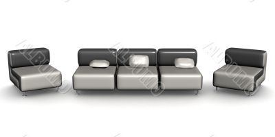 sofa and two armchairs. An interior. 3D image.