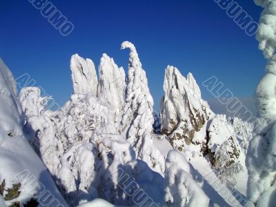 winter in mountains, forest, rocks