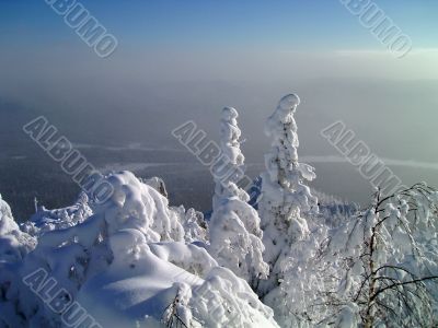 winter in mountains, forest, rocks