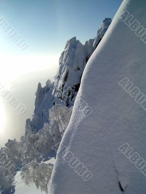 winter in mountains, forest, rocks