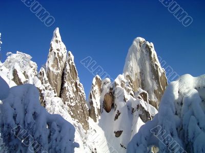 winter in mountains, forest, rocks