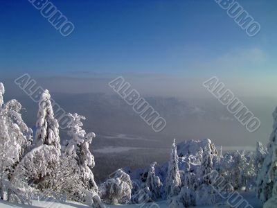 winter in mountains, forest, rocks