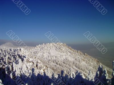 winter in mountains, forest, rocks