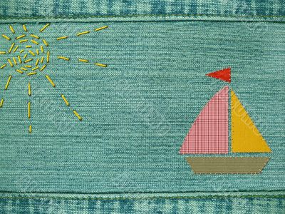 Yacht from multi-coloured cloth on a jeans fabric