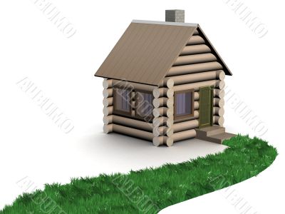 Grassy path to a wooden small house. 3D image.
