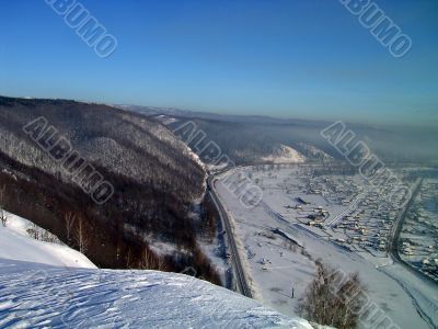 winter, mountains, forest and village