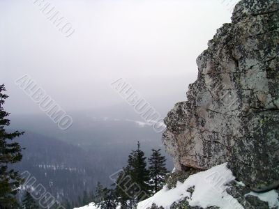 winter in mountains, rocks, woods