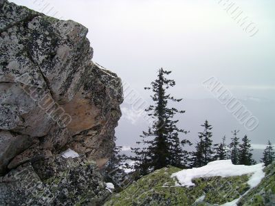 winter in mountains, rocks, woods