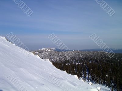 winter in mountains, rocks, woods