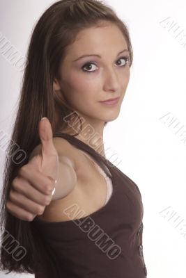 woman shows thumb