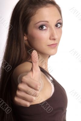 woman shows thumb