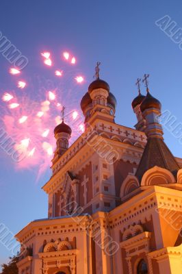 Celebratory fireworks behind chirch Celebratory fireworks behind chirch