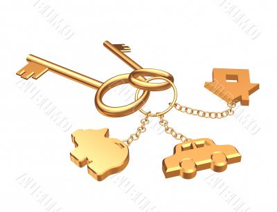 Two 3d gold keys with three labels