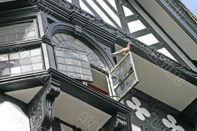 Pigeon on Open Window in Old Building in Chester