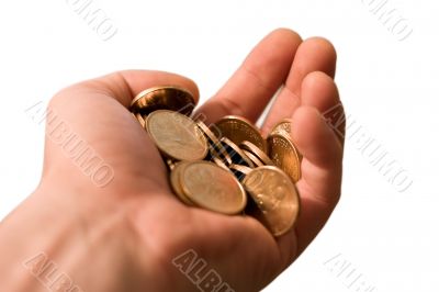 isolated hand with gold coins
