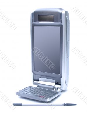 PDA with stylus and flip keyboard on white background