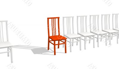 Red chair in a row of white chairs