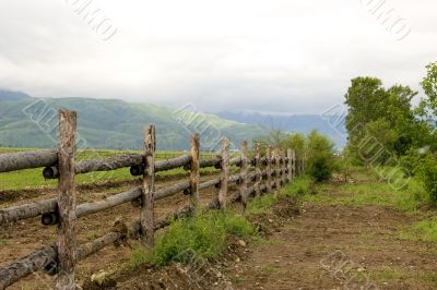 Green pasture and wood fence at mountains