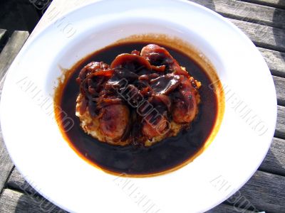 Sausages and Celeriac Mash with Onion Gravy