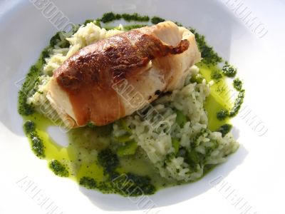 Monkfish Wrapped in Palma Ham on a Bed of Mint Risotto