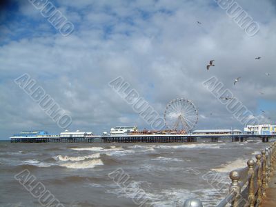Seagulls Over Sea at Blackpool with Pier in Distance