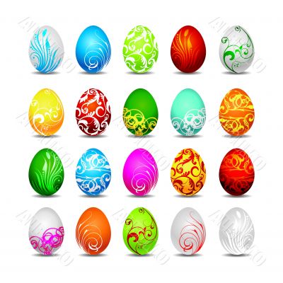 twenty color easter eggs on white background