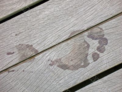 Wet Footprint on Wooden Boards of Pier