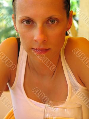 tanned girl looking intense