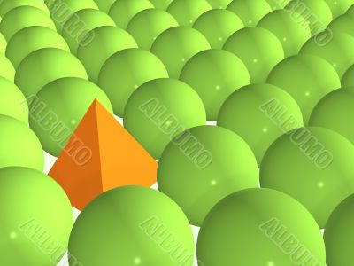 3d orange pyramid among green spheres