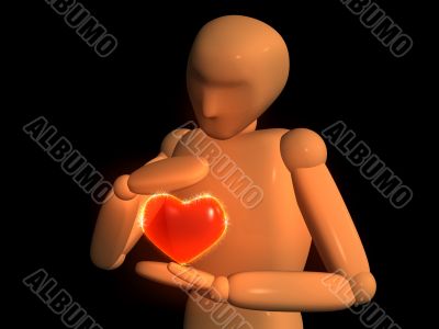 3D doll - puppet with red heart in hands