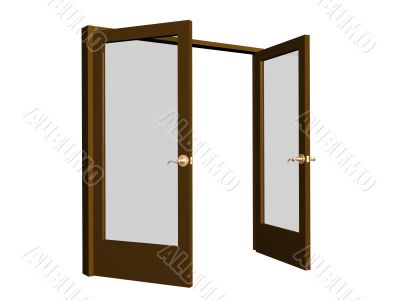 3D open brown doors with transparent glasses