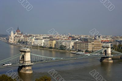 Danube and hungarian parliament and chain bridge.