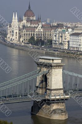 Danube and hungarian parliament and chain bridge.