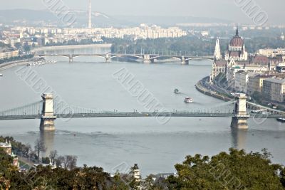 Danube and hungarian parliament and chain bridge.