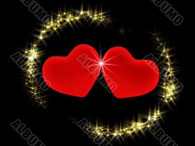 Two 3d hearts in an environment of shining stars