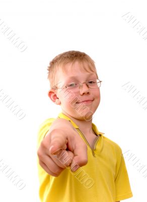 Boy pointing his finger right at you