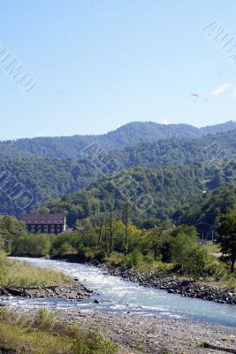 Parachute, river and mount