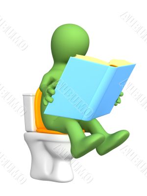 3d puppet, sitting with book on toilet bowl